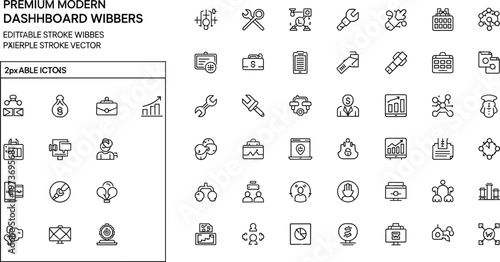 Premium modern dashboard widgets and business tools line icon set featuring analytics interface metrics monitoring and management