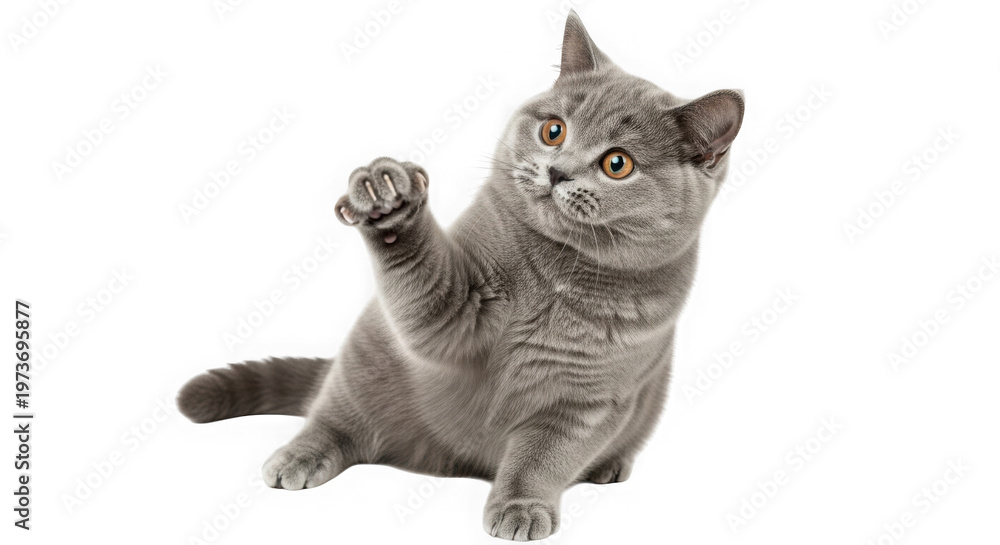 Fototapeta premium A playful british shorthair cat with grey fur and orange eyes reaching out its front paw isolated on transparent background