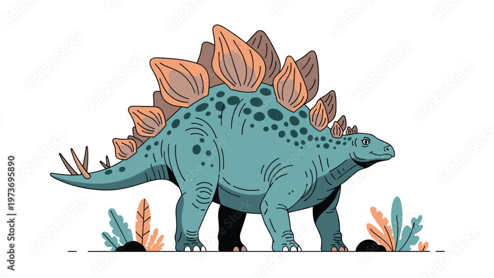 Fototapeta premium Detailed illustration of a Stegosaurus dinosaur with large bony plates on its back and spikes on its tail, standing among prehistoric plants.