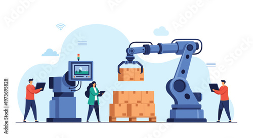 Industrial robotic arm efficiently stacking cardboard boxes on a pallet while workers monitor the process using digital tablets.