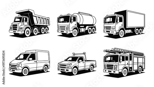 Six different types of trucks including dump truck tanker truck box truck van pickup truck and fire truck keywords