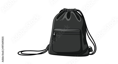 Simple illustration of a versatile black drawstring backpack or gym bag with a front zippered pocket and sturdy cord straps.