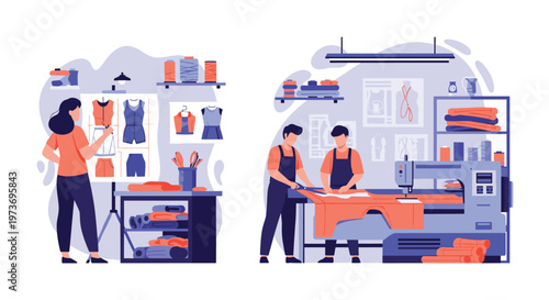 Professional tailors and fashion designers working in a modern studio on clothing designs using sewing machines and patterns.