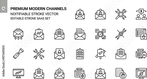 Premium modern notification and communication channels line icon set featuring email alerts messaging tools workflow and SaaS notifications