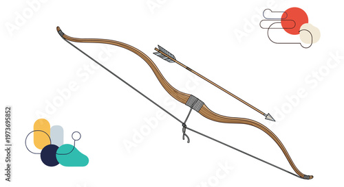 Detailed illustration of a traditional wooden recurve bow and a feathered arrow set against abstract colorful shapes and lines.