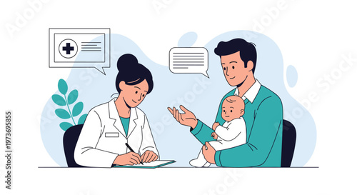 Female pediatrician consulting with a young father holding his baby in a medical clinic during a routine health checkup.