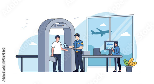 Passengers passing through a metal detector at an airport security checkpoint while being inspected by professional security officers.