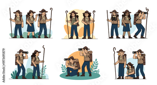 Boy and girl scouts wearing tan uniforms and blue bottoms engage in various outdoor hiking and exploration activities.