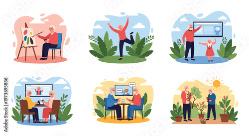 Active elderly people participate in various hobbies including painting, dancing, gardening, and using technology in daily life.