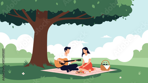 Romantic couple enjoying a picnic on a blanket under the shade of a large green tree while the man plays a guitar in a peaceful park setting.