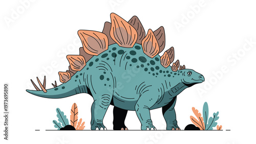Detailed illustration of a Stegosaurus dinosaur with large bony plates on its back and spikes on its tail, standing among prehistoric plants.