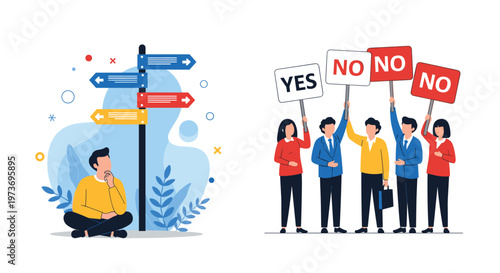 Man sitting at a multi-directional signpost ponders choices while a group of people holds up conflicting yes and no signs.