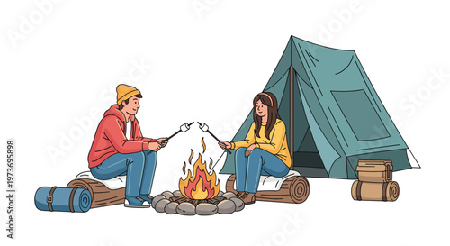 Young couple sits on logs roasting marshmallows over a glowing campfire next to their blue tent in a camping scene.