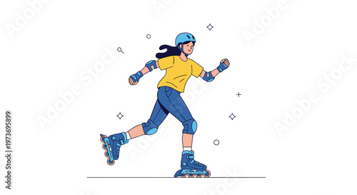 Young woman wearing a helmet and protective pads enjoys rollerblading while gliding gracefully on a white background.