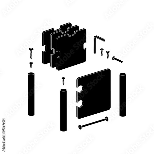 exploded view of diy furniture assembly parts illustrating modular shelving components for easy construction in a technical manual.