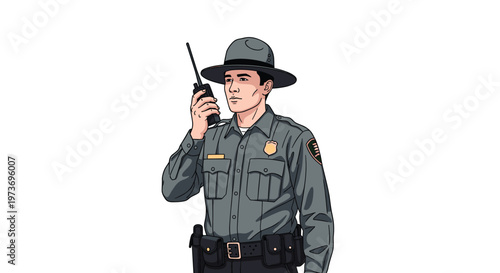 Professional park ranger in a gray uniform and hat using a handheld radio to communicate while on duty outdoors.