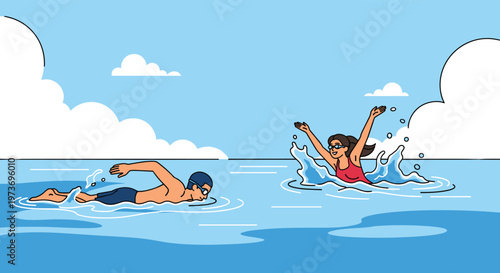 Man and woman swimming through blue ocean water under a bright sunny sky with white clouds during summer vacation.