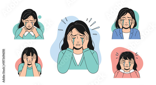 Set of several women expressing deep sadness and grief while crying with their hands on their heads in distress.
