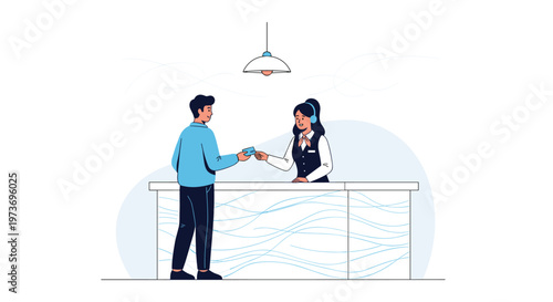 Male customer paying with a credit card at a modern hotel reception desk while talking to a female receptionist.