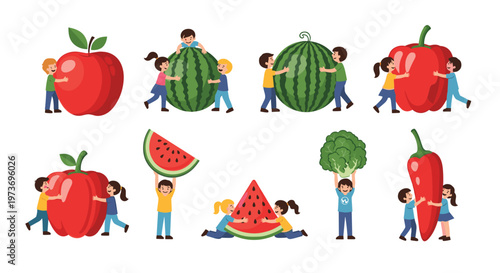 Group of happy children hugging and carrying various oversized fruits and vegetables in a fun healthy eating concept.