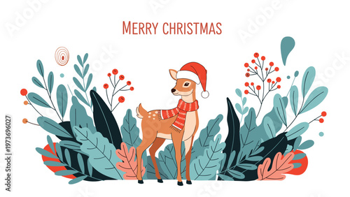 Festive Christmas illustration featuring a cute young deer wearing a red Santa hat and a scarf surrounded by winter foliage and berries.