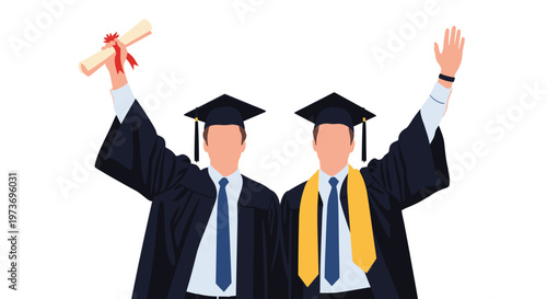 Two successful male graduates wearing academic gowns and caps celebrating their graduation with joy and pride.