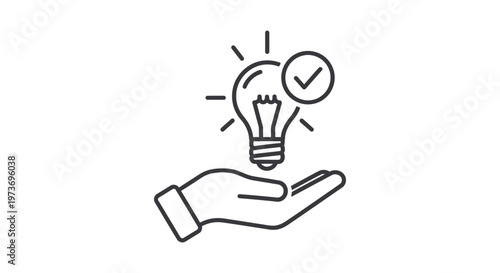 a hand holding an illuminated lightbulb with a checkmark symbolizing a successful idea and approved innovative solution concept.