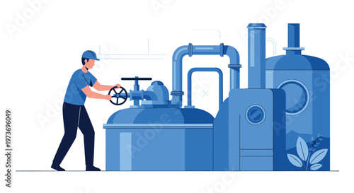 Factory worker in a blue uniform and cap operating a large industrial valve in a blue monochrome production facility.