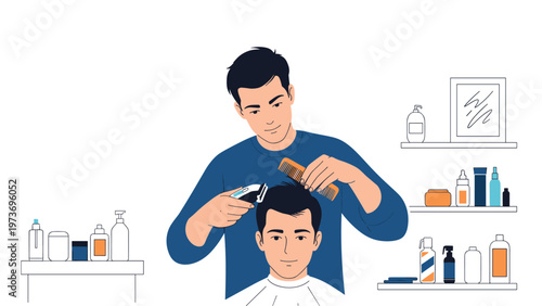 Professional barber carefully cutting a young man's hair using a trimmer and a comb in a salon with shelves of various grooming products.
