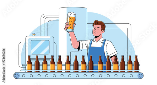 Cheerful brewery worker in a blue apron holding up a glass of cold beer in front of a busy automated bottling line.