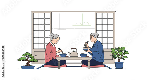 Senior Japanese couple sitting on the floor and enjoying a traditional meal together in a classic home environment.