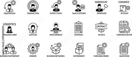 Business, Logistics, and Supply Chain Icons Set Featuring Negotiation, Transactions, Procurement, and Corporate Operations for Commerce, Business Networks, and Retail Designs
