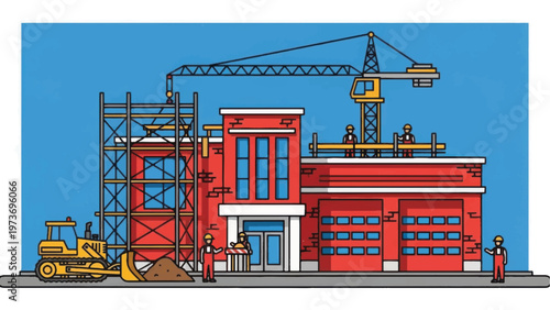Construction Site Illustration: Workers, Crane, and Heavy Machinery Developing a New Commercial Building or Depot Structure