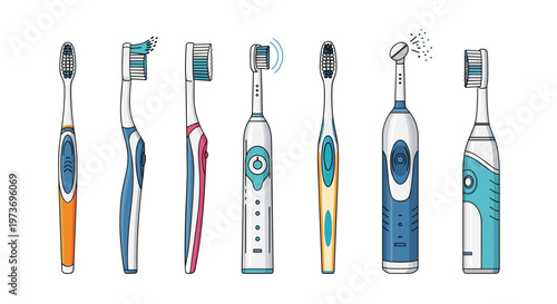Set of professional dental care tools featuring various manual and electric toothbrushes in different styles and vibrant colors.