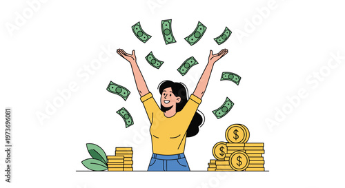 Successful young woman raising her arms in excitement while green money bills fall around her near stacks of gold coins.