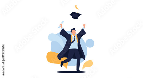 Joyful male student celebrating his graduation by tossing a black mortarboard cap in the air while holding a rolled diploma.