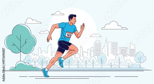 Athletic man in blue sportswear running fast on a track against a modern city skyline and sunny sky during a marathon event.