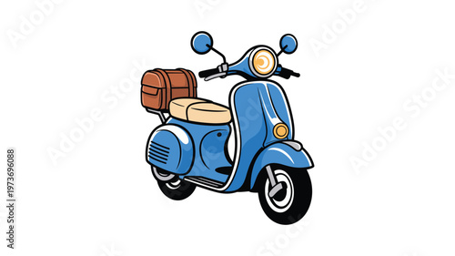 Blue retro scooter with brown luggage rack and tan seat on keywords white background vintage transportation