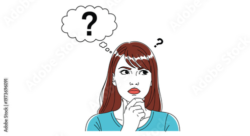 Pensive young woman looking upwards with a confused expression and a large question mark in a thought bubble over her head.