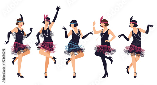 Five women dressed in classic black flapper outfits with feathered headbands performing a synchronized dance from the roaring twenties.