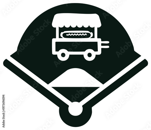 Stylized baseball field silhouette with hotdog stand icon illustration