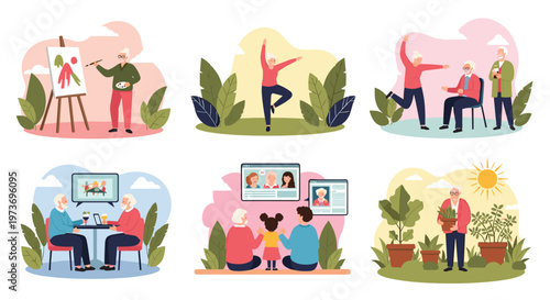 Collection of active senior citizens enjoying various hobbies including painting, exercise, social gatherings, gardening, and video calls.