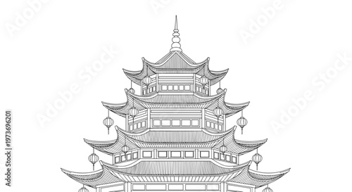 Intricate black and white line art drawing of a majestic multi-tiered traditional Chinese pagoda with lanterns and ornate roofs.