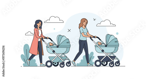 Two young mothers walking together in a city park while pushing their babies in modern blue strollers on a clear sunny day.
