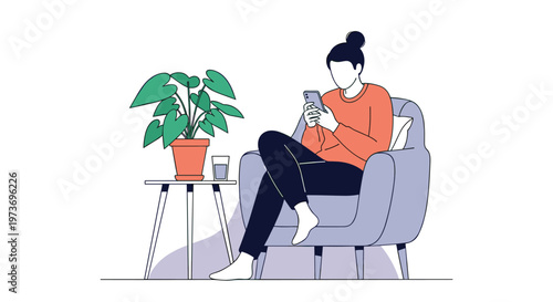 Young woman in an orange sweater sitting comfortably in an armchair and using her smartphone to browse social media at home.