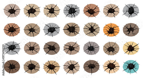 Abstract pattern of multiple circular cracked earth textures in various natural colors representing dry and parched ground surfaces.