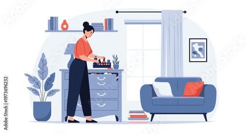 Organized woman standing in her modern living room and tidying up items on top of a blue dresser with an armchair and plant.