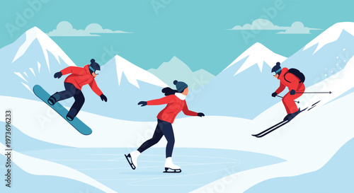 Group of active people enjoying various winter sports including skiing, snowboarding, and ice skating in a snowy mountain setting.
