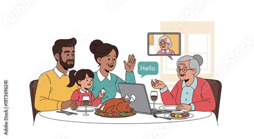 Family of three celebrating a holiday dinner while having a video call with an elderly relative on a laptop computer at the table.