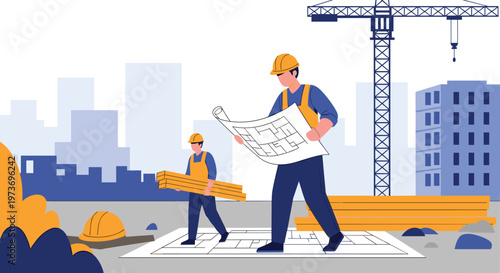 Professional construction workers in safety gear reviewing blueprints at a building site with heavy machinery and a city skyline.